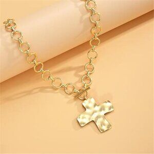 Chunky Cross Necklace for Women, Gold Tone Toggle Chain Statement